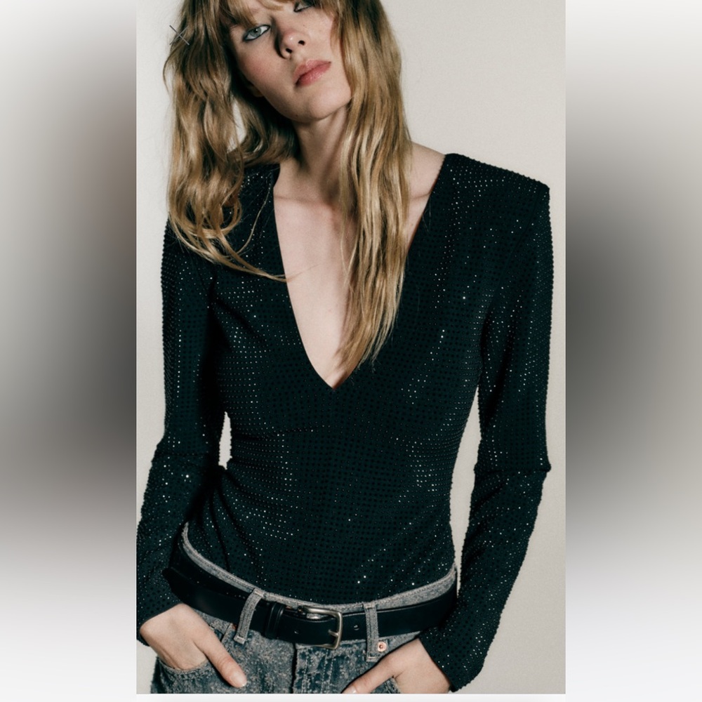 Zara Knit Black Ribbed Bodysuit W Rhinestone Sleeves M